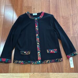 NWT Vintage Alfred Dunner Black Women's Cardigan with Multicolor Trim USA Sz 18